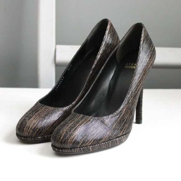 Stuart Weitzman Soft Leather Platform Black Brown Heels Pumps Round Toe Size 8.5 - Picture 2 of 8